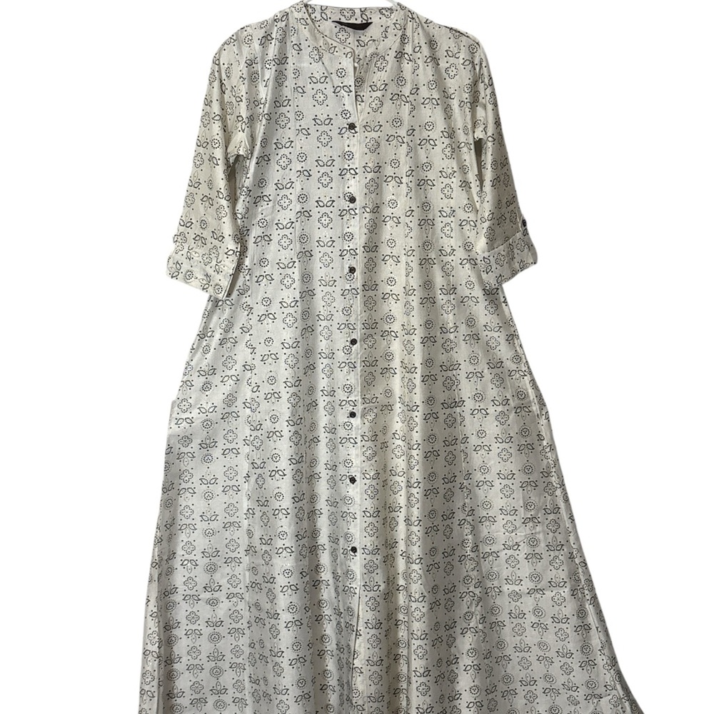 TWARA Chic Patterned Ivory Long Sleeve Dress,whit one pocket,size M